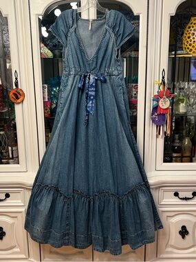 Free People Denim Maxi Dress in Blue with Bandana Waist Tie L